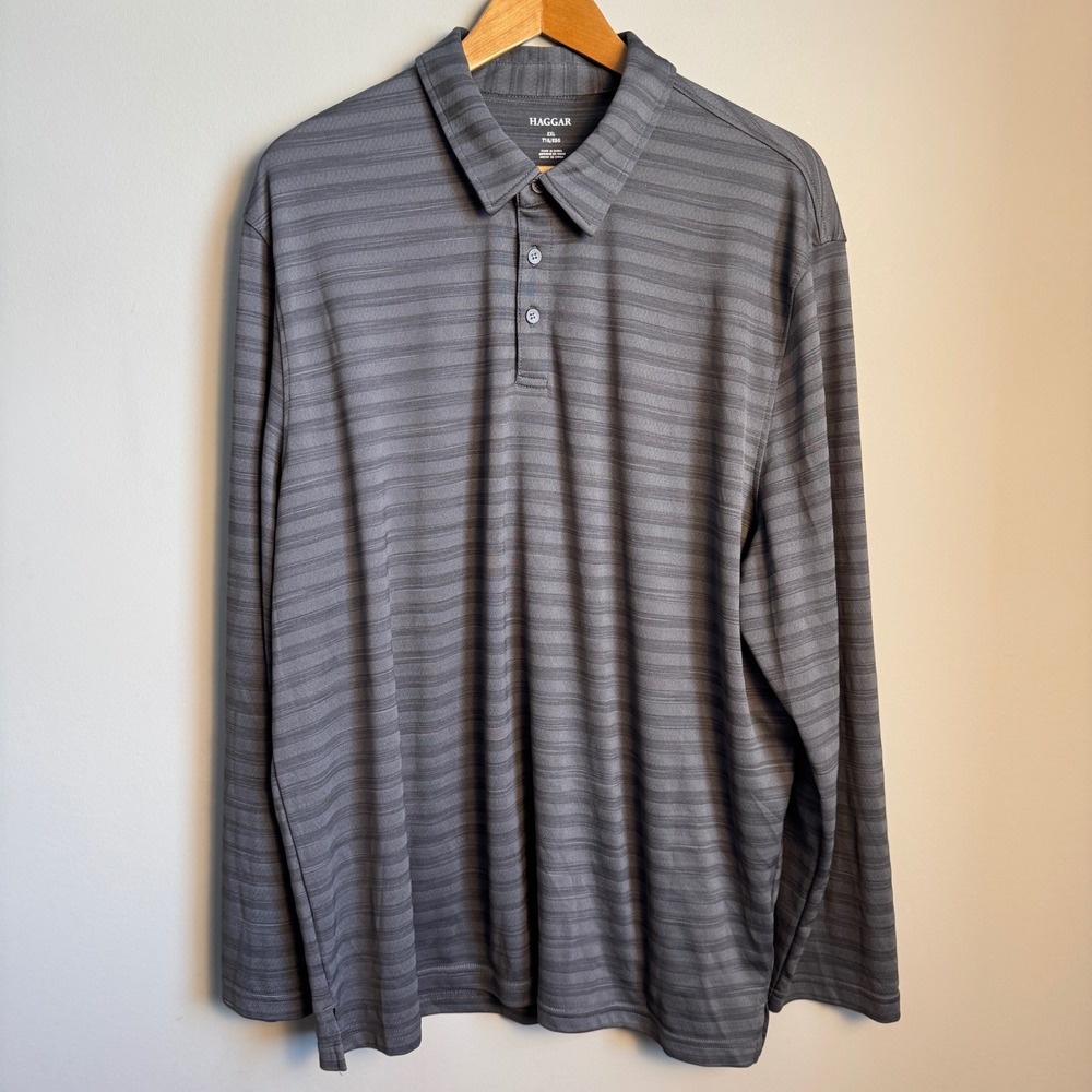 Haggar‎ Mens Long Sleeve Striped Polo Shirt Size XXL Gray Casual Golf Preppy